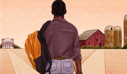 A graphic of a Black male student in a rural area.